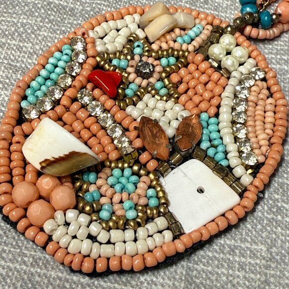 Beaded Multicolor Pendant Necklace Coral Turquoise Gold Colors Shell Accents - Picture 16 of 16